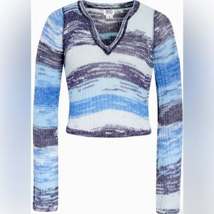 Stripe flare sleeve crop sweater.